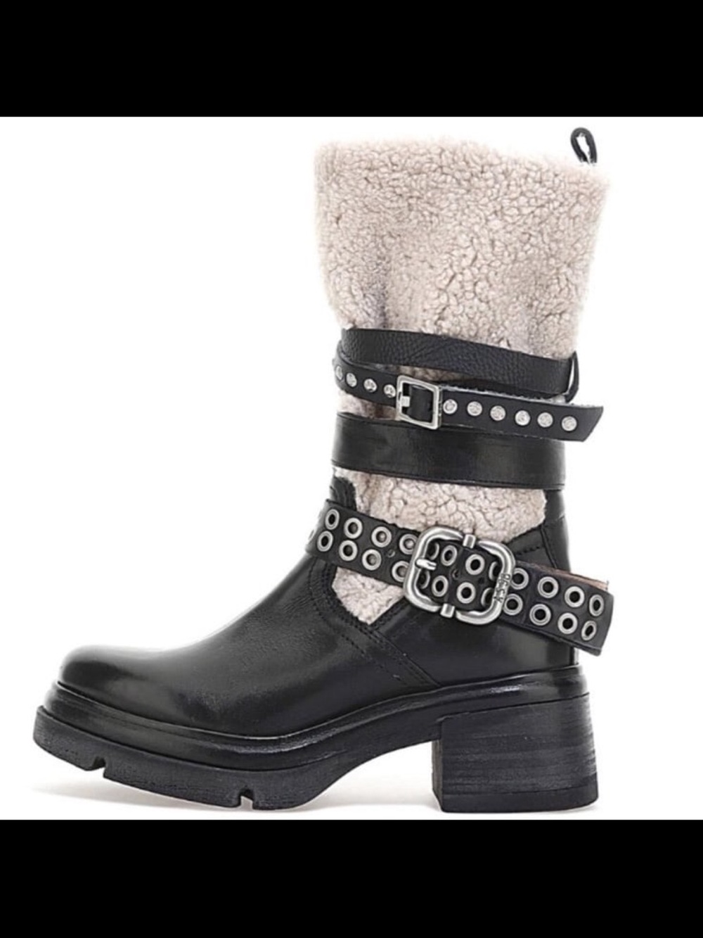 A.S.98 Emmons Shearling & Black Leather Moto Boots w/ Buckle Straps, Biker, 8.5 - Picture 2 of 12